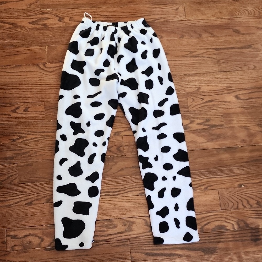 Caroline Morgan Cow Print Fleece Pants Women Size 6 White Black Cozy Loungewear